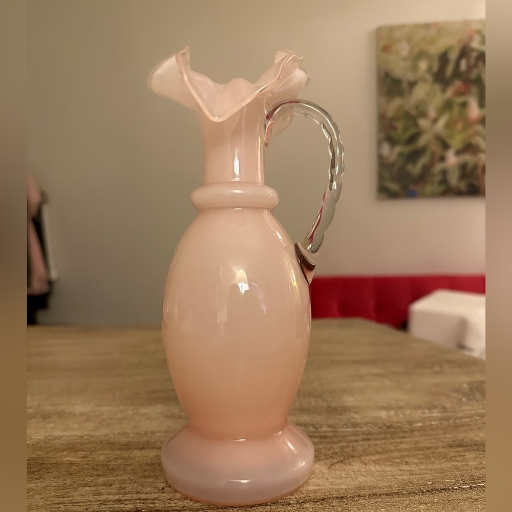 Rose Pink Ruffled Edge Pitcher Vase With Handle - Picture 6 of 8